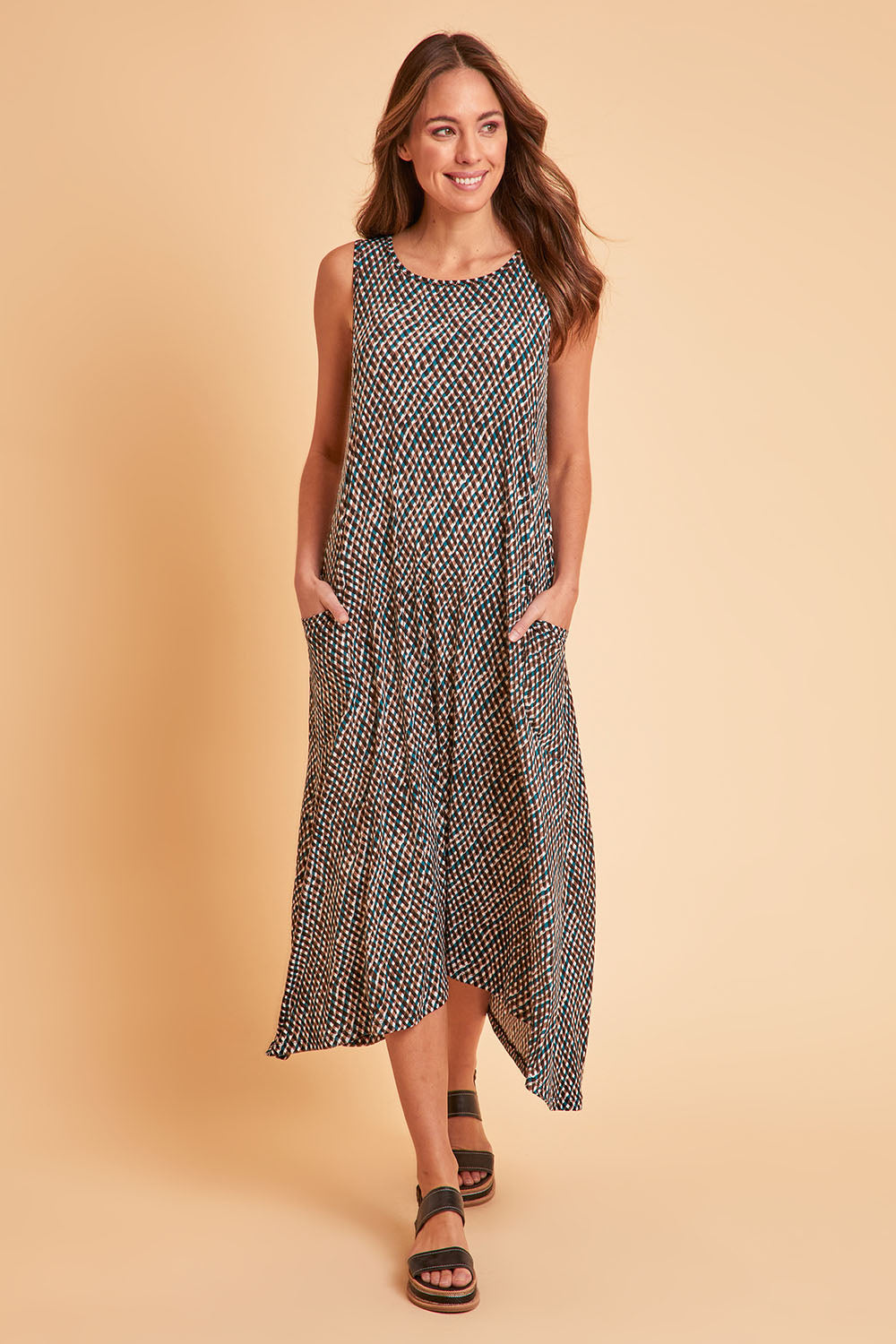 Model Madeline wearing size 10 of The Easy Wear Print Maxi Dress in colour Multiprint (Blue), from the front, showing the whole outfit