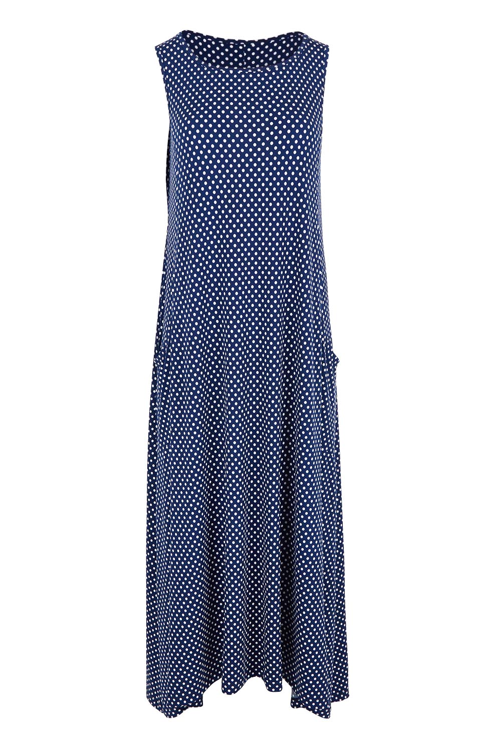 Product shot of The Easy Wear Print Maxi Dress in colour Navydot (Blue), from the front