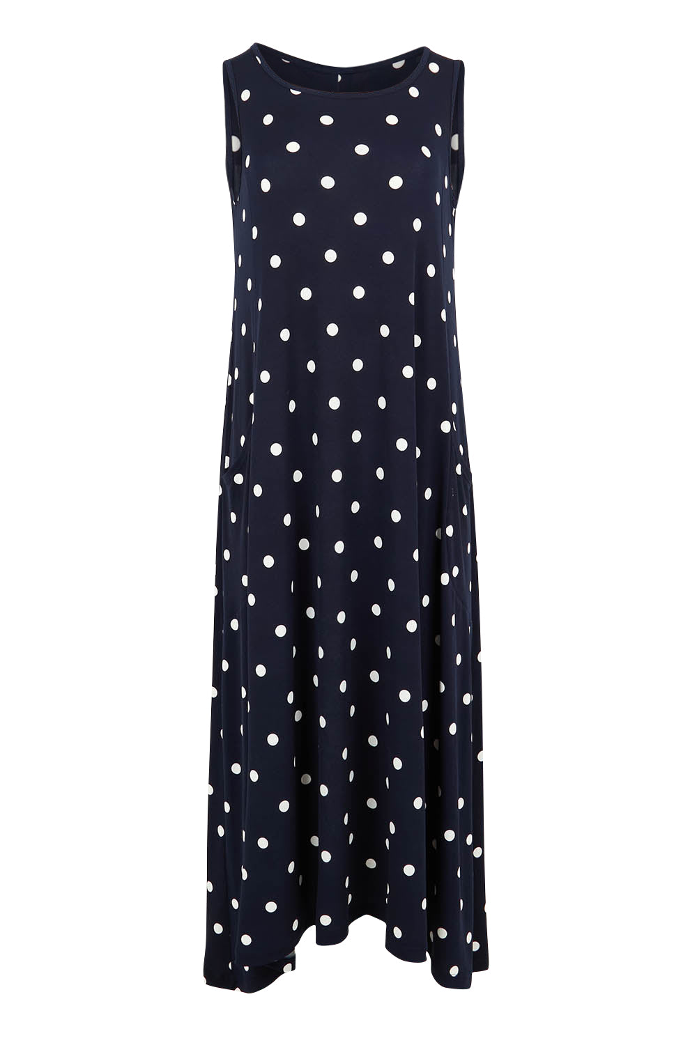 Product shot of The Easy Wear Print Maxi Dress in colour Navyspot (Blue), from the front