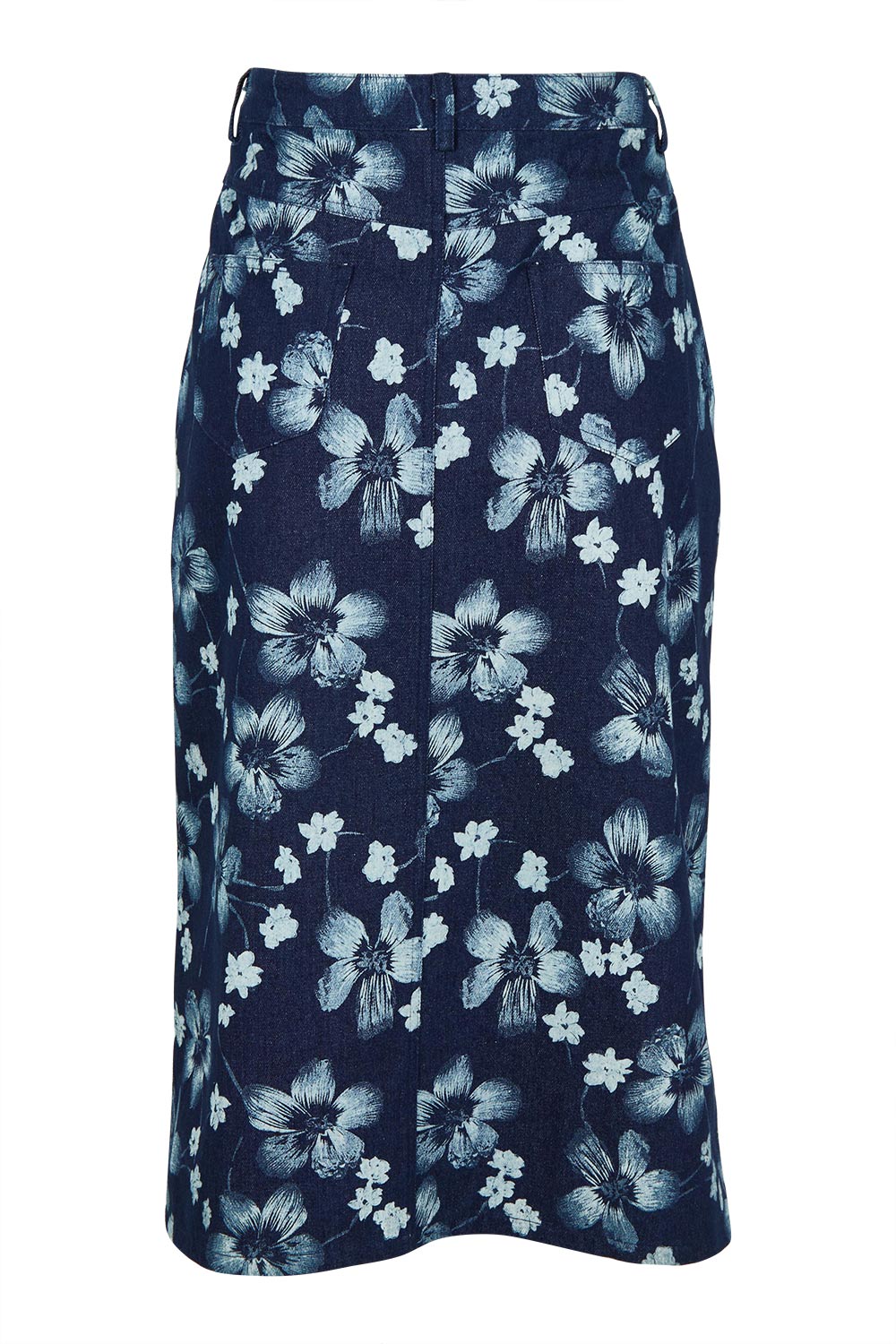 Product shot of The 5 Pocket Printed Midi Skirt in colour Denim (Blue), from the back