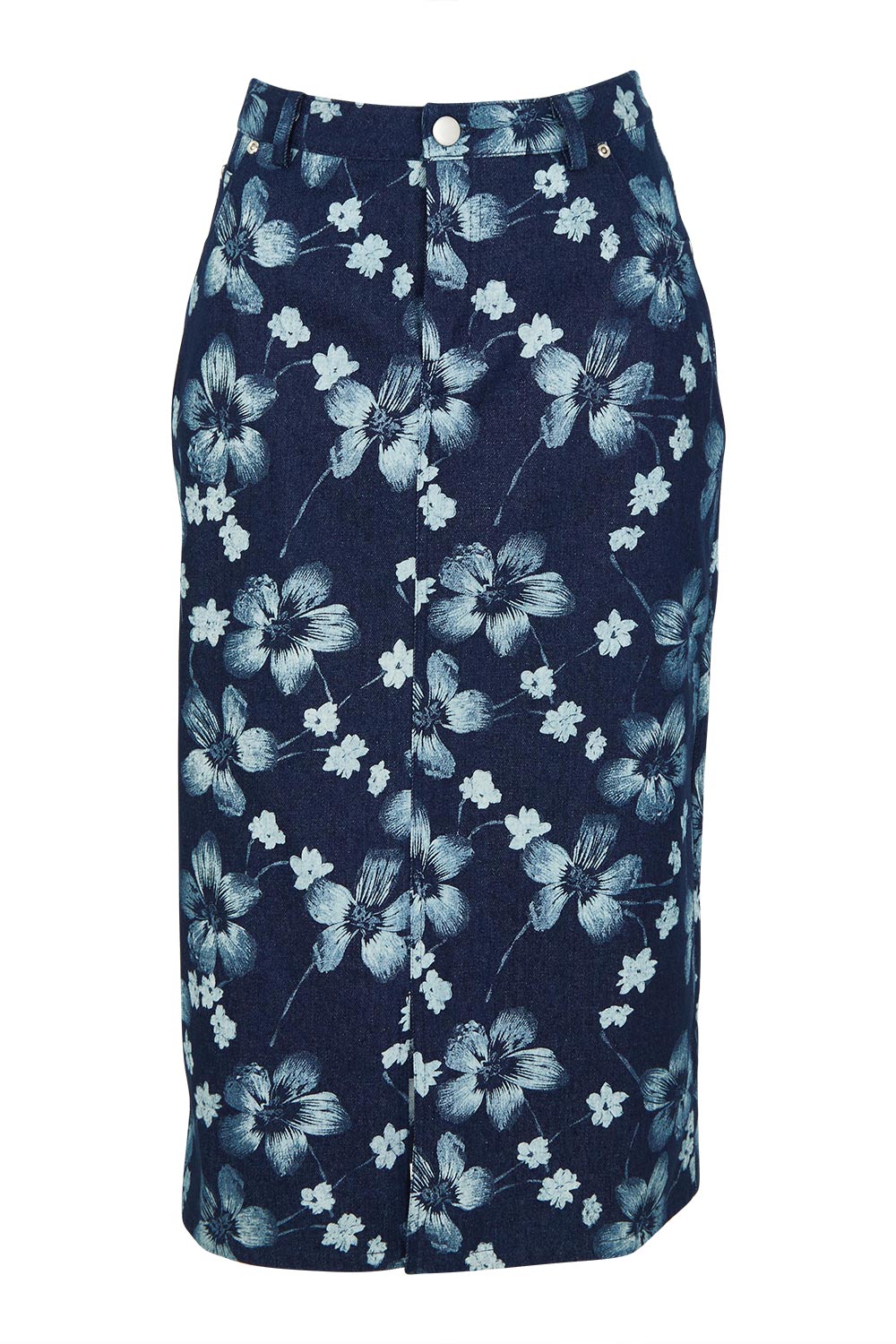 Product shot of The 5 Pocket Printed Midi Skirt in colour Denim (Blue), from the front
