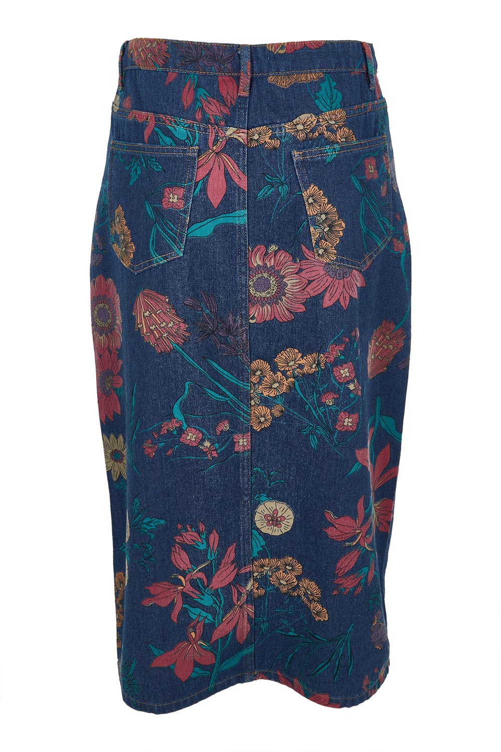 Product shot of The 5 Pocket Printed Midi Skirt in colour Redfloral (Blue), from the back