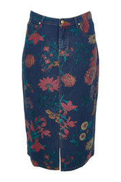 Product shot of The 5 Pocket Printed Midi Skirt in colour Redfloral (Blue), from the front