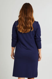 Model Laura wearing size 14 of The Ponte Knee Length Dress in colour Frenchnavy (Blue), from the back