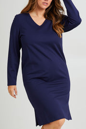 Model Laura wearing size 14 of The Ponte Knee Length Dress in colour Frenchnavy (Blue), from the front, cropped image