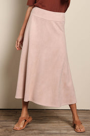 Model Amandam wearing size 10 of the The Luxe Faux Suede Skirt – Baci in colour Baci, from the front