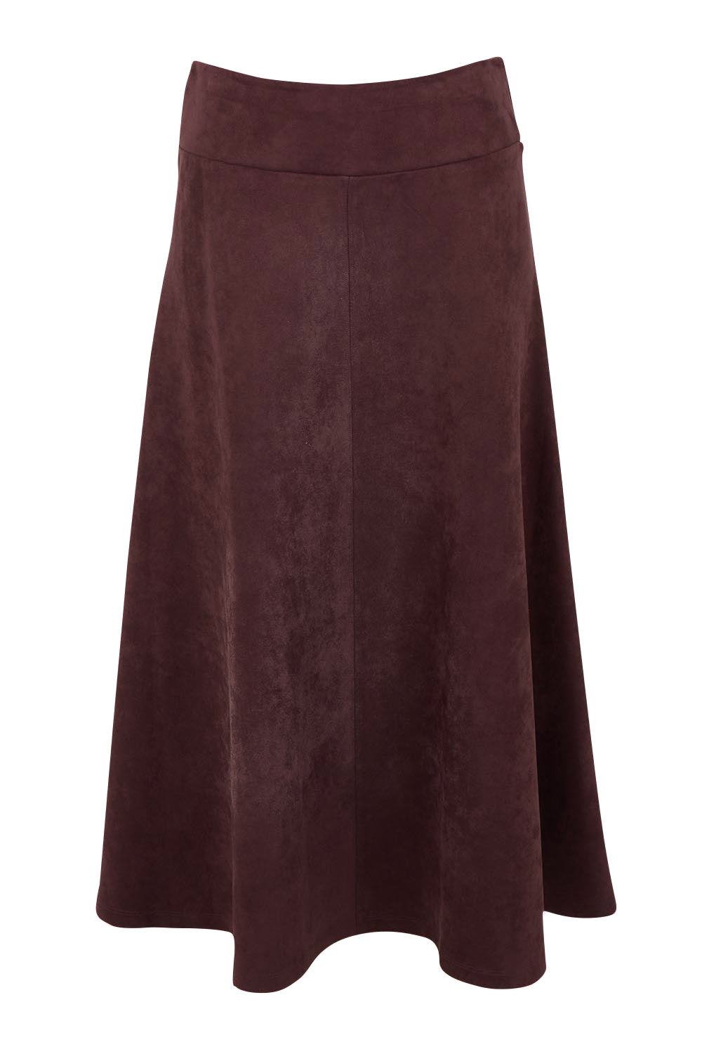 Product shot of The Luxe Faux Suede Skirt in colour Burgundy (Purple), from the front
