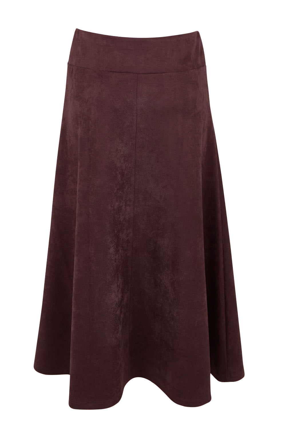 Product shot of The Luxe Faux Suede Skirt in colour Burgundy (Purple), from the front