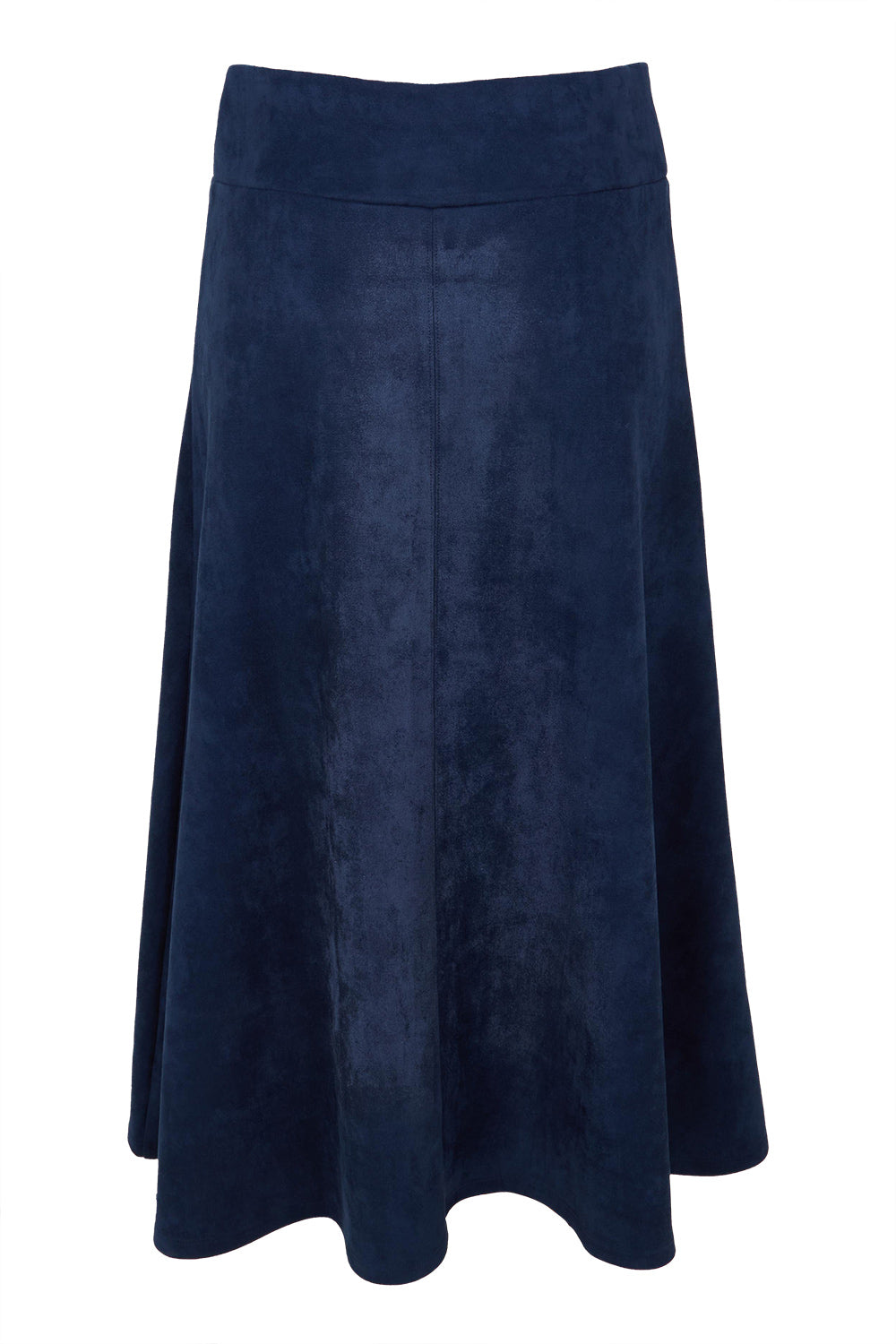 Product shot of The Luxe Faux Suede Skirt in colour Navy (Blue), from the back