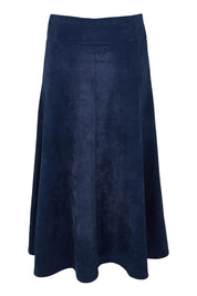 Product shot of The Luxe Faux Suede Skirt in colour Navy (Blue), from the back