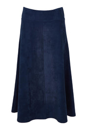 Product shot of The Luxe Faux Suede Skirt in colour Navy (Blue), from the front