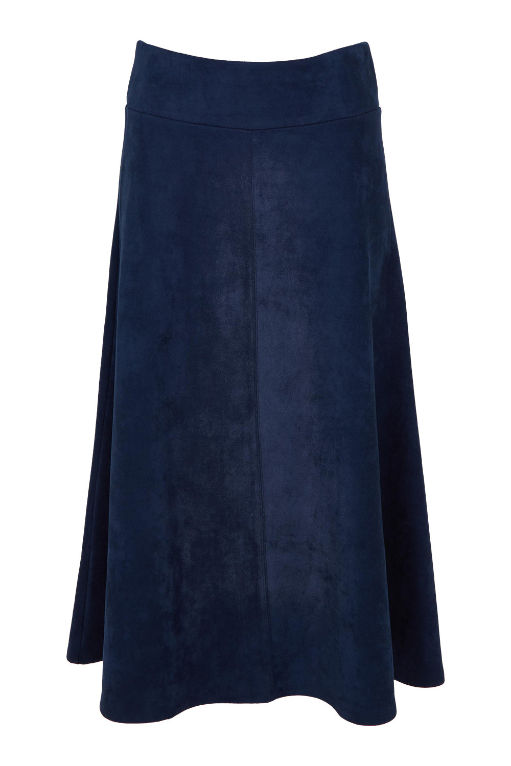 Product shot of The Luxe Faux Suede Skirt in colour Navy (Blue), from the front