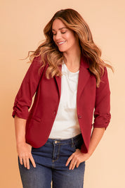 Model Laura wearing size 14 of The Everyday Ponte Blazer in colour Wildberry (Red), from the front, showing the whole outfit