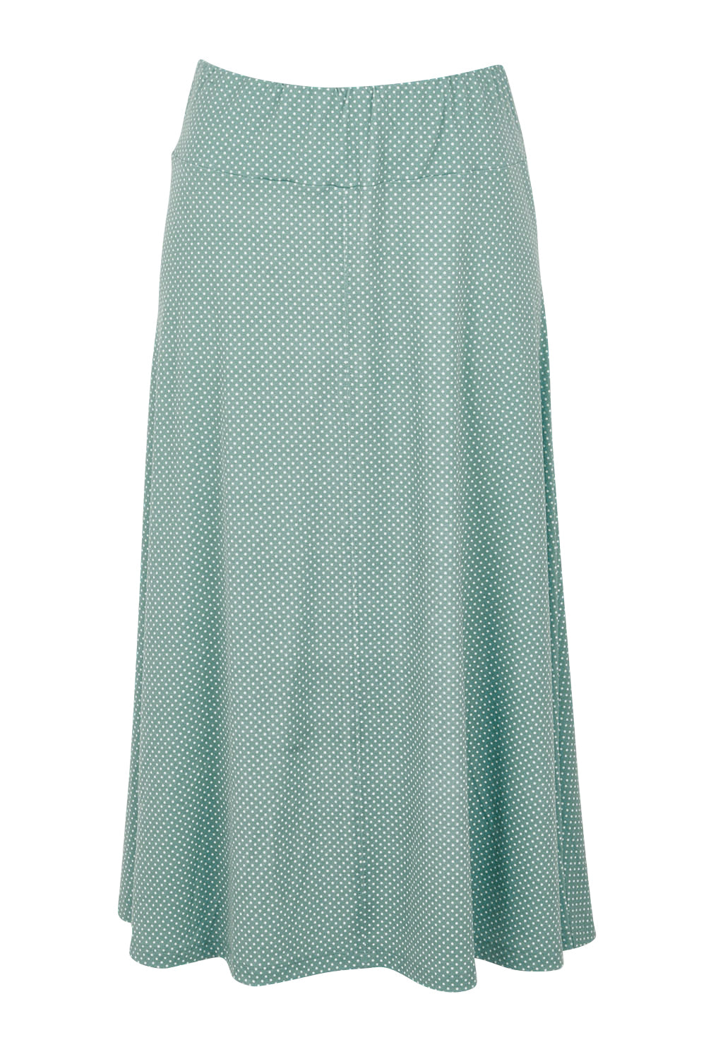Product shot of The Bamboo Blend Print Fit & Flare Skirt in colour Aquaspot (Green), from the front