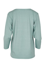 Product shot of The Bamboo Blend Printed 3/4 Slv Tee in colour Aquaspot (Green), from the back