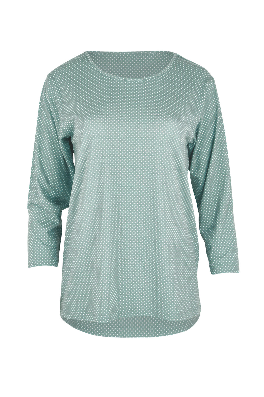 Product shot of The Bamboo Blend Printed 3/4 Slv Tee in colour Aquaspot (Green), from the front