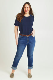 Model Jane wearing size 14 of The High Waisted Cuff Jean in colour Mediumblue (Blue), from the front, showing the whole outfit