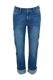 Product shot of The High Waisted Cuff Jean in colour Mediumblue (Blue), from the front