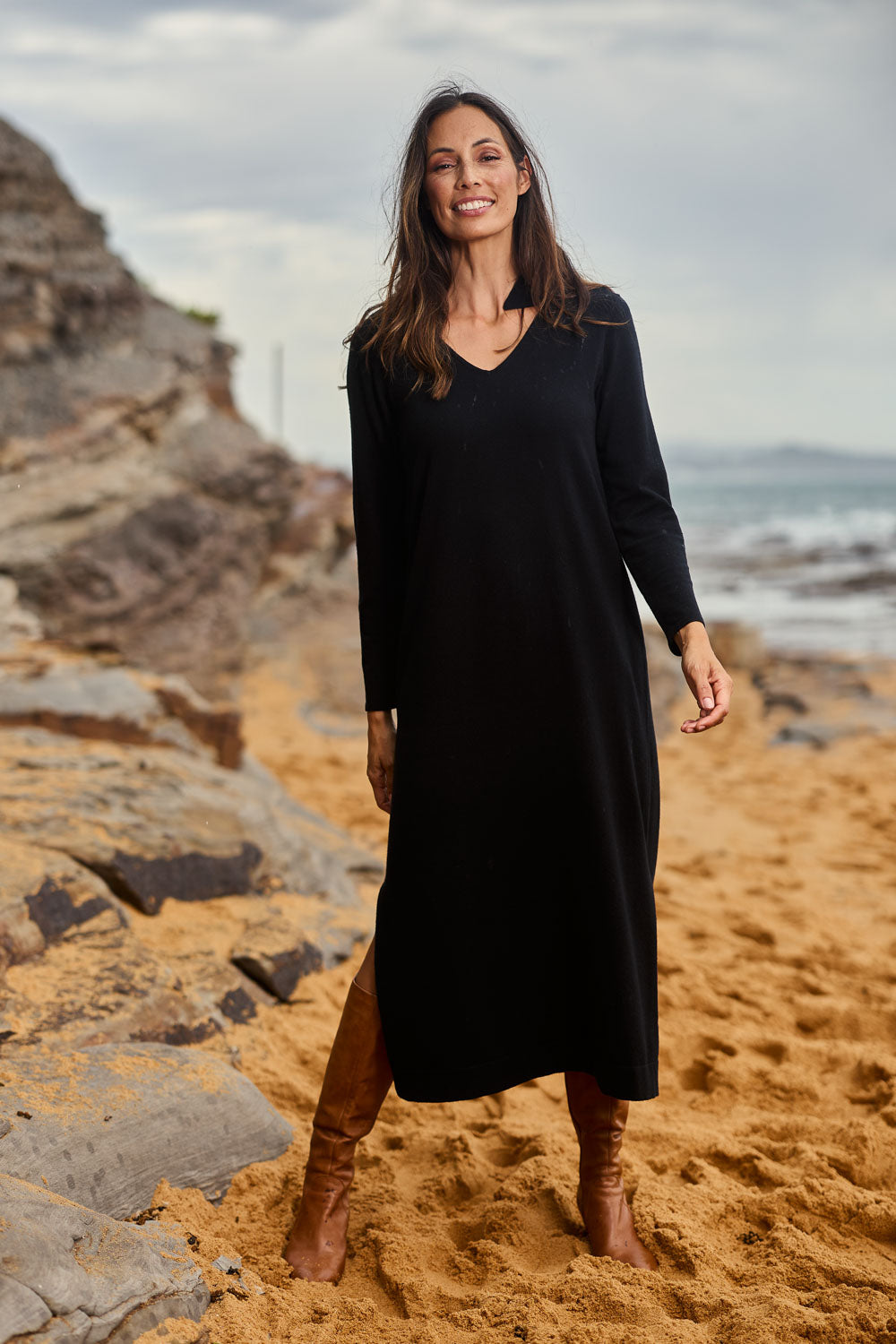 Model Amanda wearing size S of The Comfort True Knit Johnny Collar Dress in colour Black (Black), from the front, showing the whole outfit