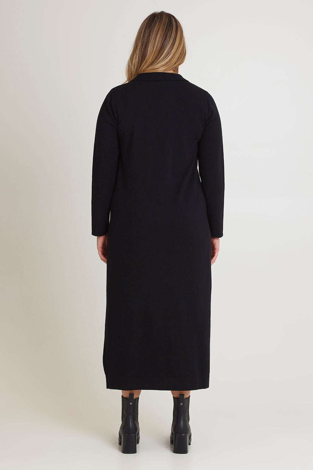 Model Chanel wearing size XL of The Comfort True Knit Johnny Collar Dress in colour Black (Black), from the back