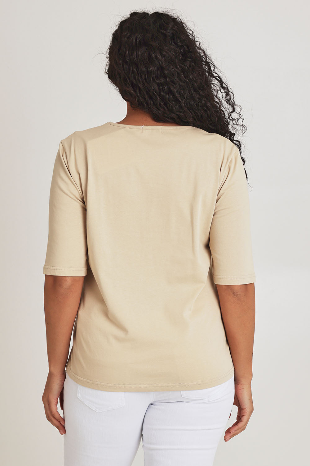 Model Terri-Leigh wearing size 14 of The Luxe Pima Cotton Tee in colour Nougat, from the back