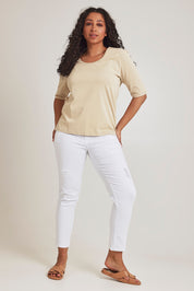 Model Terri-Leigh wearing size 14 of The Luxe Pima Cotton Tee in colour Nougat, from the front, showing the whole outfit