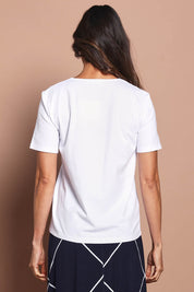 Model Amanda wearing size 10 of The Luxe Pima Cotton Tee in colour White (White), from the back