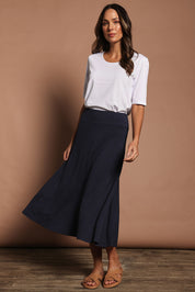 Model Madeline wearing size 10 of The Luxe Pima Cotton Tee in colour White (White), from the front, showing the whole outfit