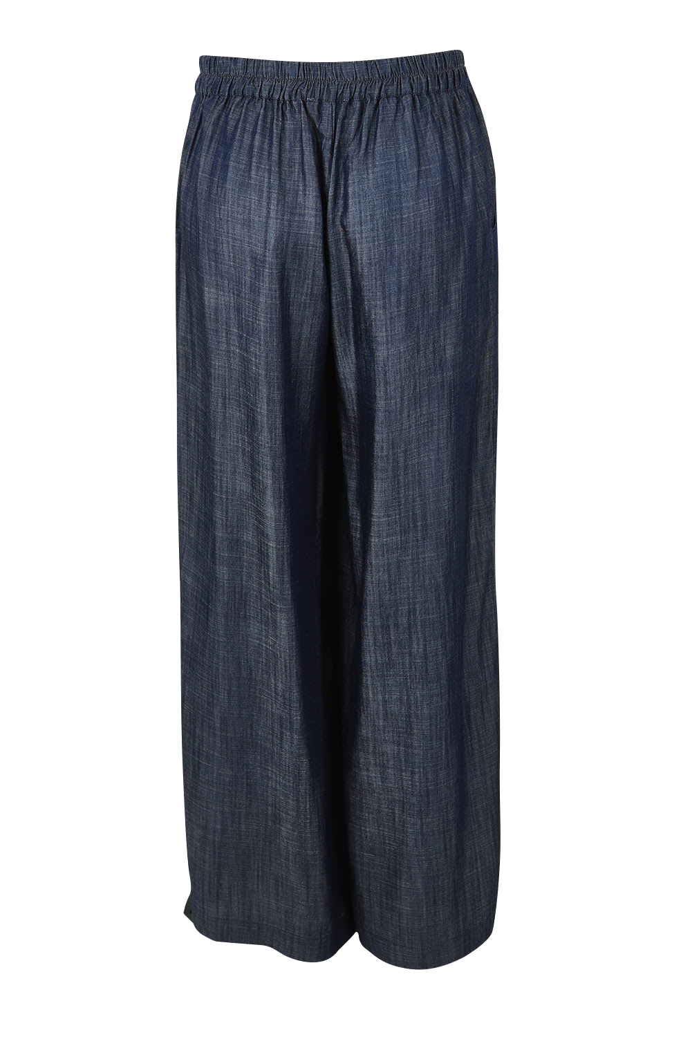 Product shot of The Luxe Chambray Pull On Pant in colour Darkdenim (Blue), from the back