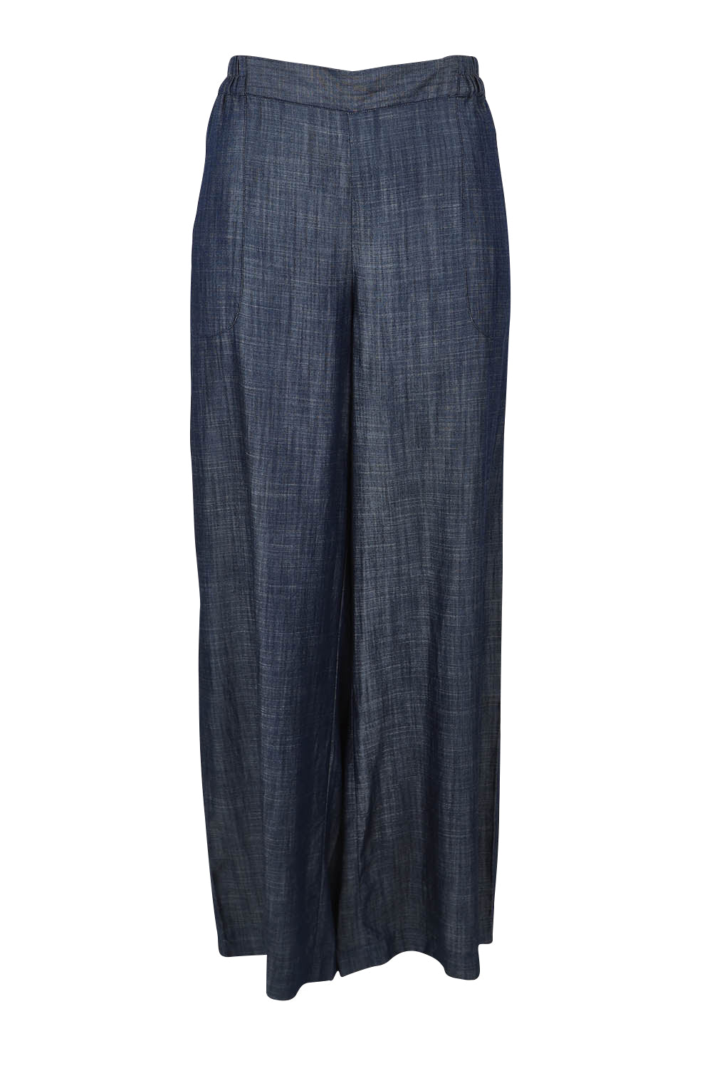 Product shot of The Luxe Chambray Pull On Pant in colour Darkdenim (Blue), from the front
