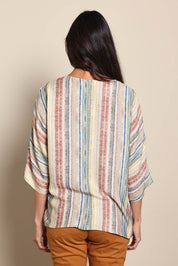 Model Amandam wearing size 10 of the The Woven Easy Wear Tee – Multistrip in colour Multistrip, from the back