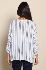 Model Amandam wearing size 10 of the The Woven Easy Wear Tee – Bluewhite in colour Bluewhite, from the back