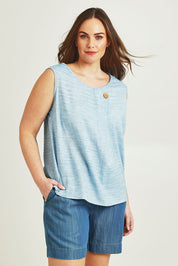 Model Jane wearing size 14 of The Shirred Waist Pull On Shorts in colour Denimblue (Blue), from the front, cropped image