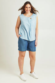 Model Jane wearing size 14 of The Shirred Waist Pull On Shorts in colour Denimblue (Blue), from the front, showing the whole outfit