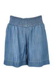 Product shot of The Shirred Waist Pull On Shorts in colour Denimblue (Blue), from the back