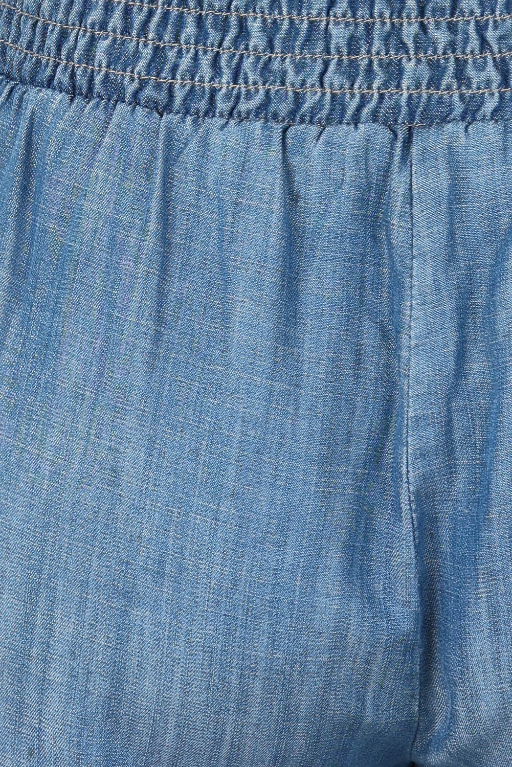 Product shot of The Shirred Waist Pull On Shorts in colour Denimblue (Blue), detail