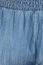 Product shot of The Shirred Waist Pull On Shorts in colour Denimblue (Blue), detail