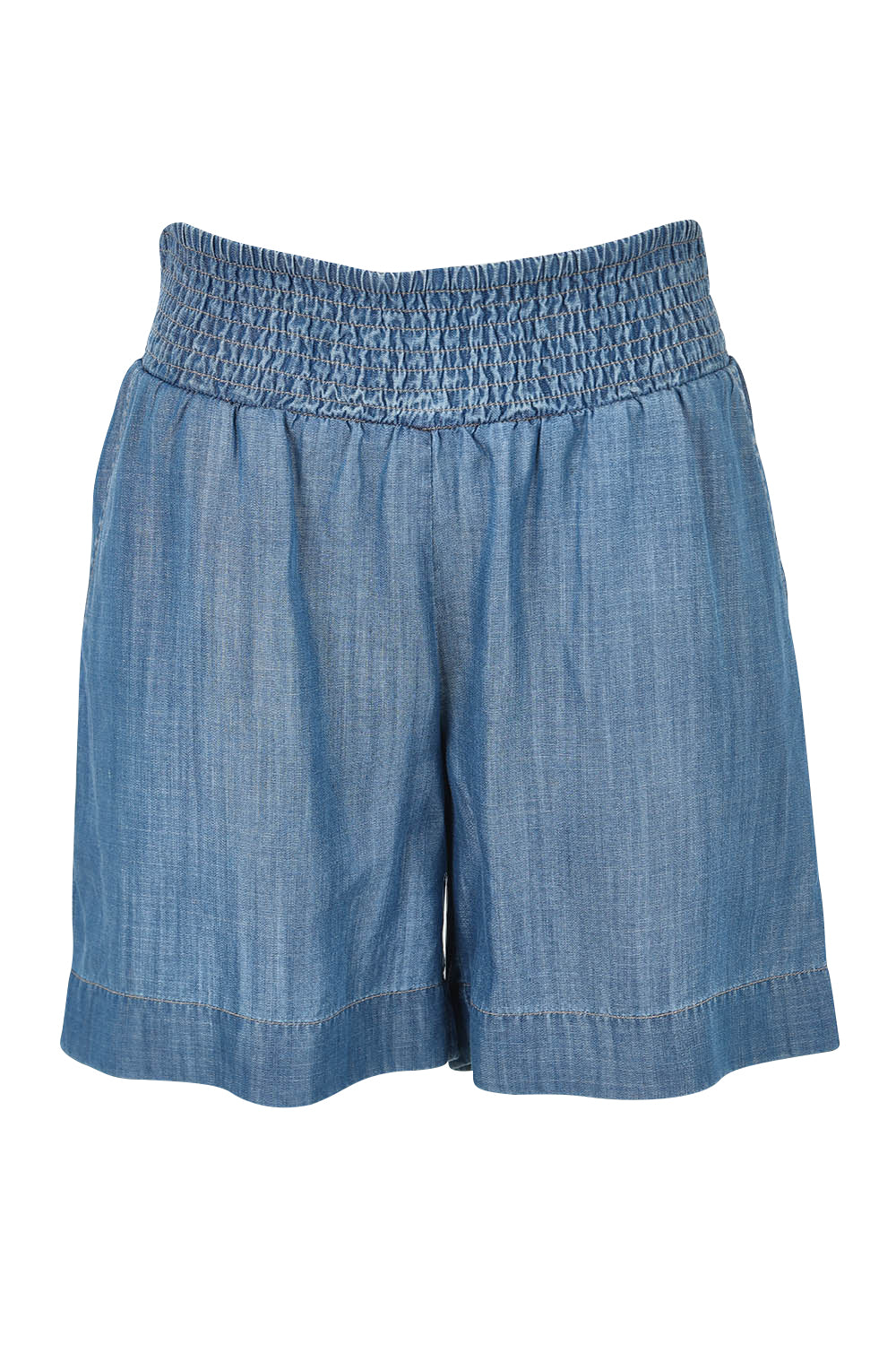 Product shot of The Shirred Waist Pull On Shorts in colour Denimblue (Blue), from the front