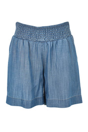 Product shot of The Shirred Waist Pull On Shorts in colour Denimblue (Blue), from the front