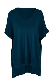 Product shot of The All Season V Neck High Low Tee in colour Blueocean (Blue), from the front