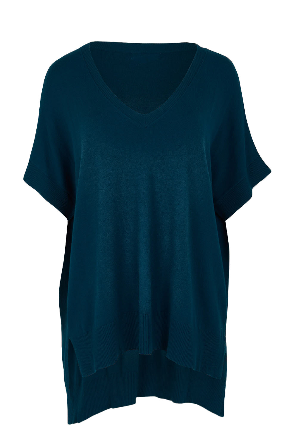 Product shot of The All Season V Neck High Low Tee in colour Blueocean (Blue), from the front
