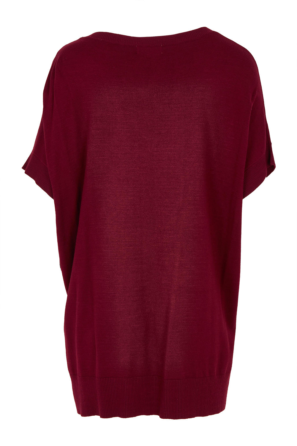 Product shot of The All Season V Neck High Low Tee in colour Sangria (Red), from the back
