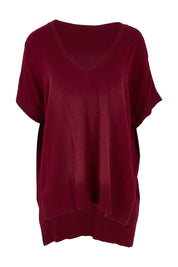 Product shot of The All Season V Neck High Low Tee in colour Sangria (Red), from the front