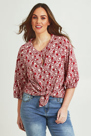 Model Jane wearing size 14 of The Relaxed Cotton Shirt in colour Raspberry (Red), from the front, cropped image
