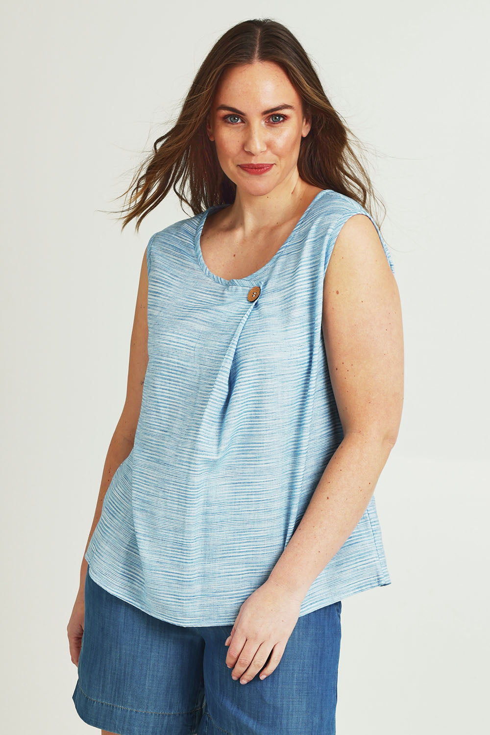 Model Jane wearing size 14 of The Summer Striped Tank in colour Bluestripe (Blue), from the front, cropped image