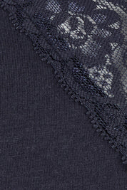 Product shot of The Lace Trim Cotton Tank in colour Navy (Blue), detail