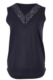 Product shot of The Lace Trim Cotton Tank in colour Navy (Blue), from the front