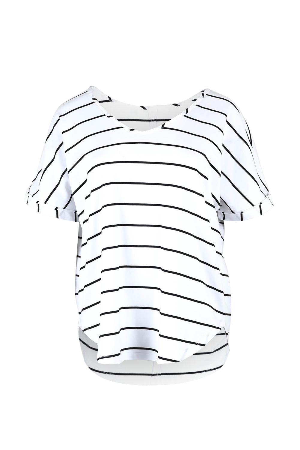 Product shot of The Striped V Neck Tee in colour Whiteblack (White), from the front