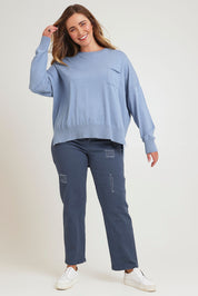 Model Chanel wearing size XL of The Modal Blend Crew Neck Jumper in colour Denim (Blue), from the front, showing the whole outfit