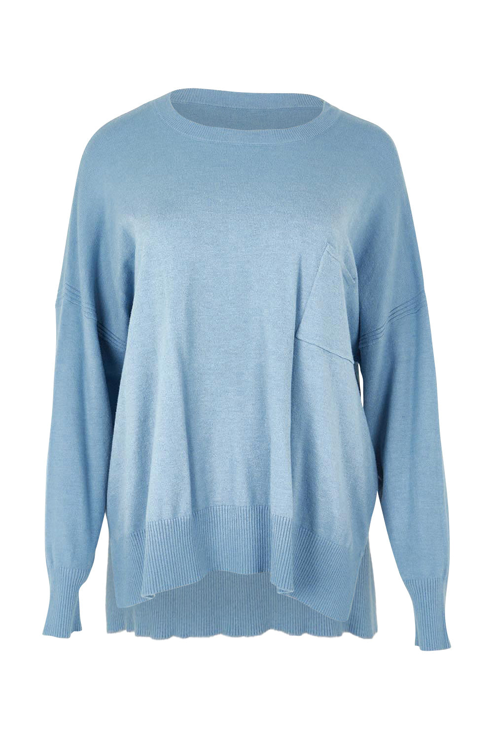 Product shot of The Modal Blend Crew Neck Jumper in colour Denim (Blue), from the front